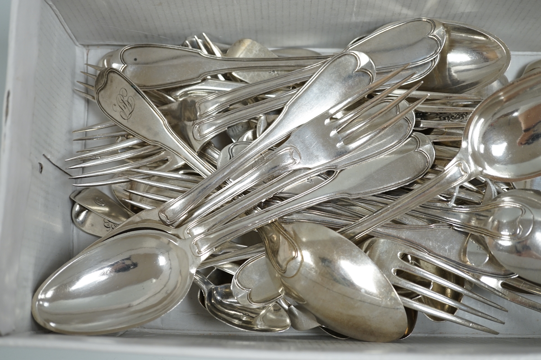 A set of six Victorian silver fiddle pattern table forks, London, 1854 and a group of mixed Victorian and later flatware, 46.5oz and a small quantity of Swiss? white metal flatware, 24.5oz.